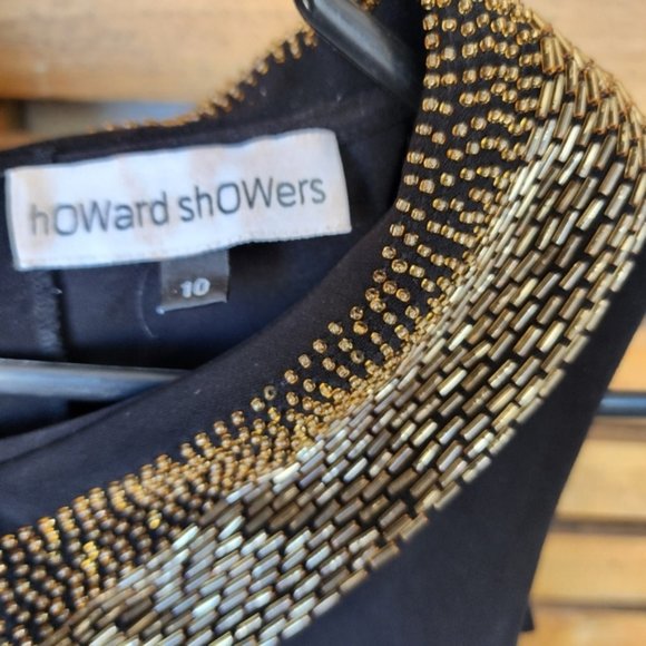 Howard Showers midi dress size 10 black stretch knit embellished gold collar - Picture 4 of 10